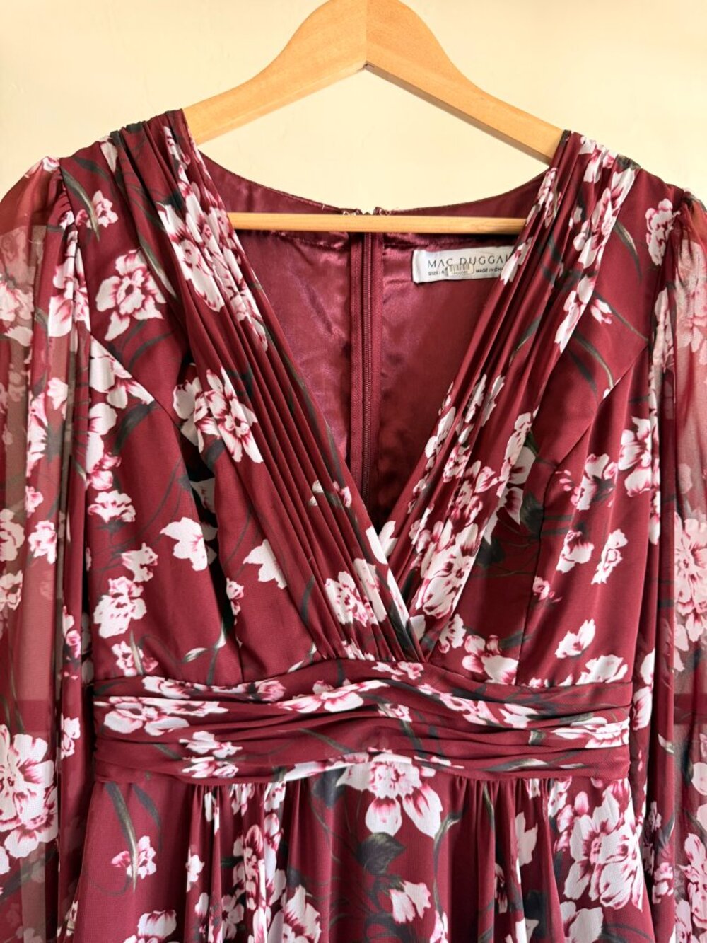 Mac Duggal Burgandy Floral Long Sleeve Chiffon Gown 4 - Picture 5 of 11